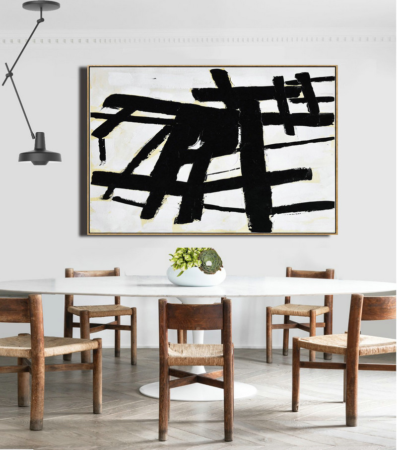 Original Art Acrylic Painting,Horizontal Palette Knife Minimal Canvas Art Painting Black White Beige - Large Contemporary Art Canvas Painting
